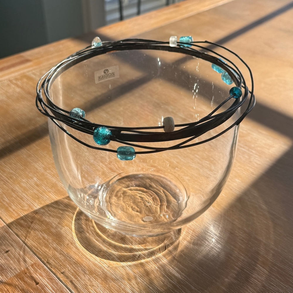 Turquoise glass Beaded clear glass Bowl